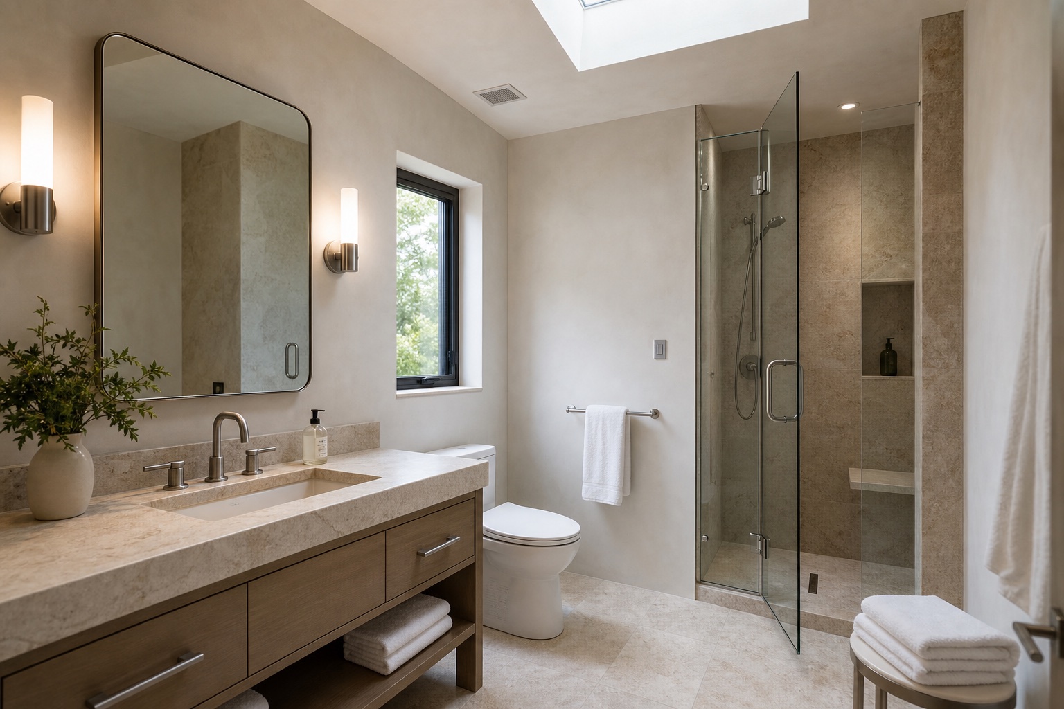 Modern bathroom renovation photographed with controlled mirror and glass reflections