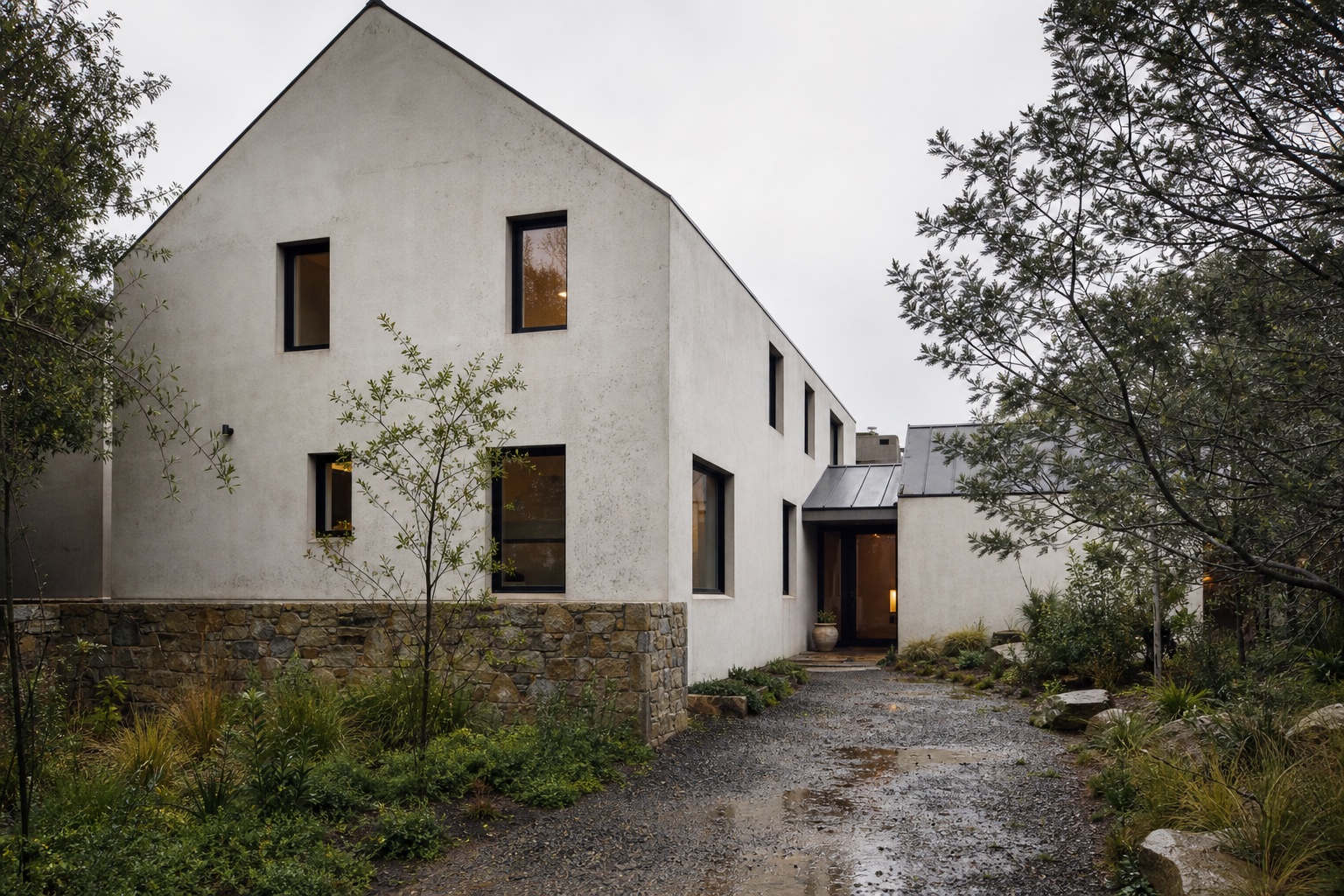 Photorealistic gabled house exterior in soft overcast daylight with natural material imperfections
