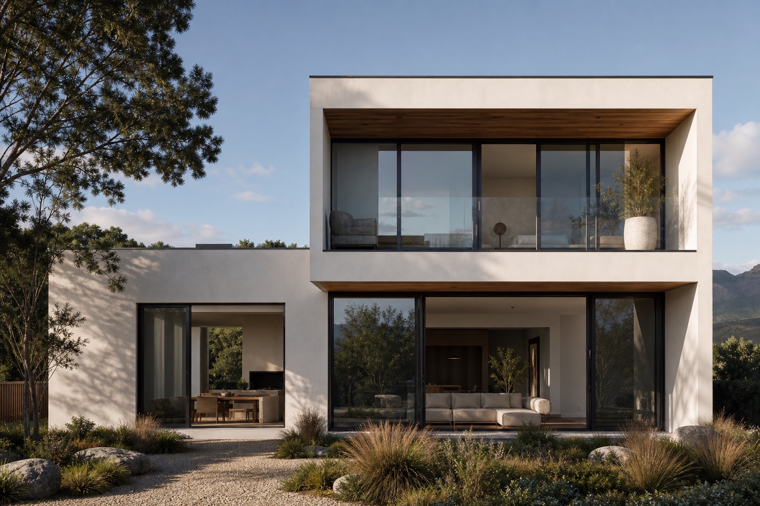 Photorealistic modern house exterior with straight verticals and late-afternoon side light