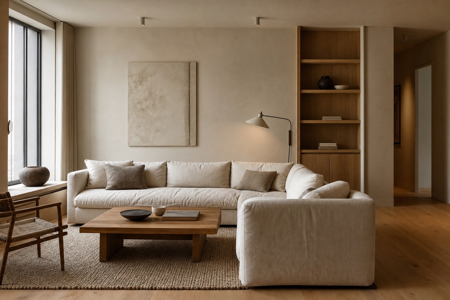 Warm minimal living room photographed with soft side window light and realistic fabric texture